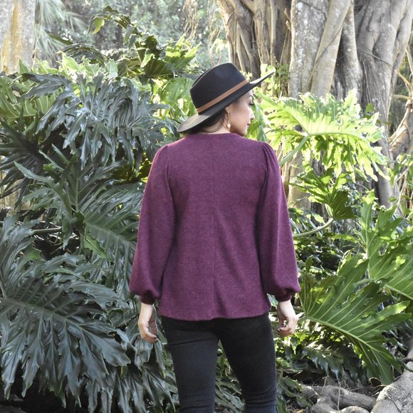 Wine Ribbed Balloon Sleeve Brushed Knit Top - Picture 2 of 2